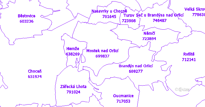 Katastrální mapa Mostek nad Orlicí - přehledová mapa katastrálního území