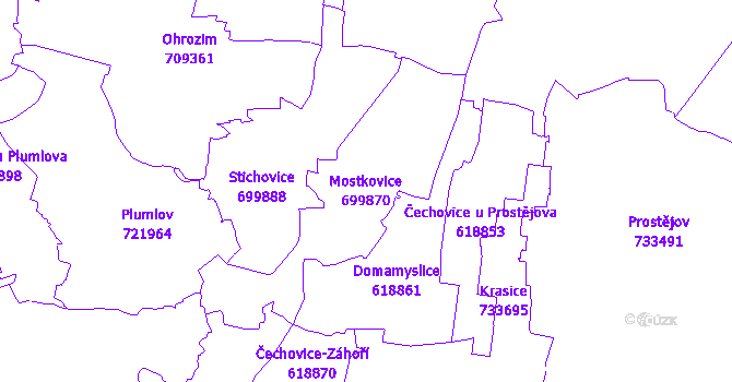 Katastrální mapa Mostkovice - přehledová mapa katastrálního území