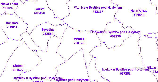 Katastrální mapa Mrlínek - přehledová mapa katastrálního území