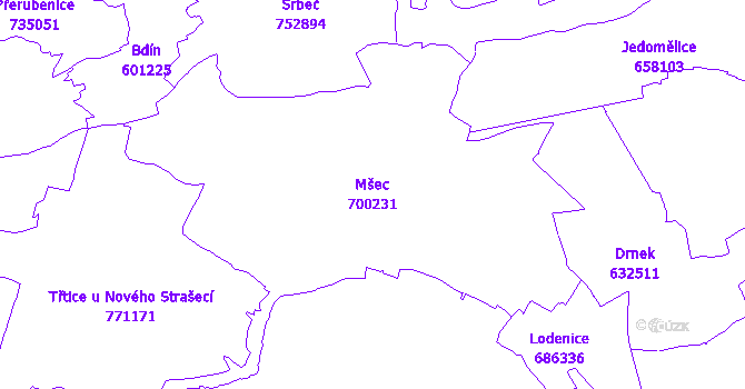 Katastrální mapa Mšec - přehledová mapa katastrálního území