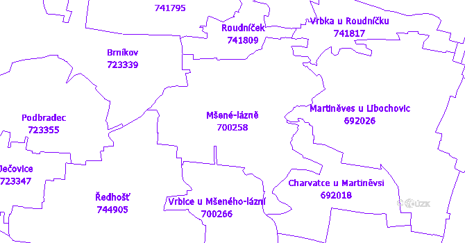 Katastrální mapa Mšené-lázně - přehledová mapa katastrálního území