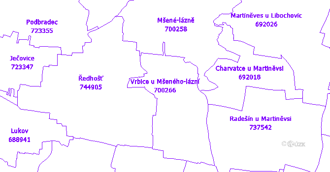 Katastrální mapa Vrbice u Mšeného-lázní - přehledová mapa katastrálního území
