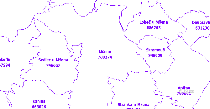 Katastrální mapa Mšeno - přehledová mapa katastrálního území