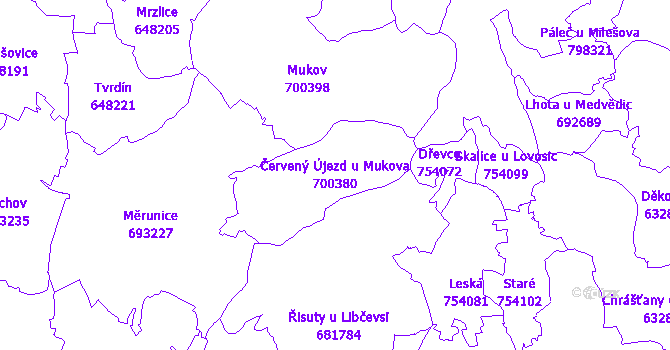 Katastrální mapa Červený Újezd u Mukova - přehledová mapa katastrálního území