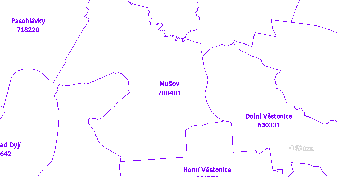 Katastrální mapa Mušov - přehledová mapa katastrálního území