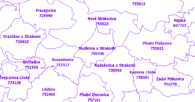 Katastrální mapa Mutěnice u Strakonic - přehledová mapa katastrálního území