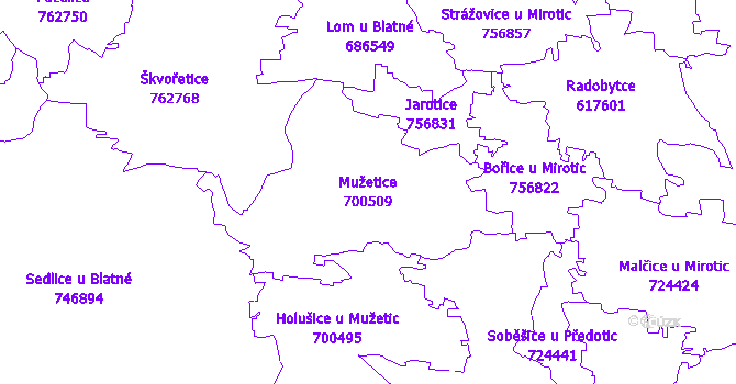 Katastrální mapa Mužetice - přehledová mapa katastrálního území