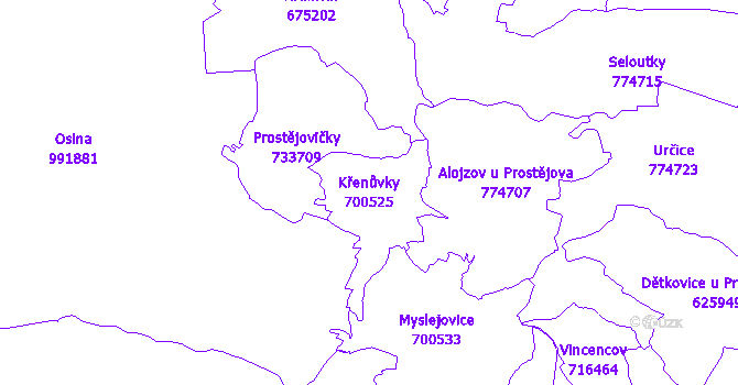 Katastrální mapa Křenůvky - přehledová mapa katastrálního území