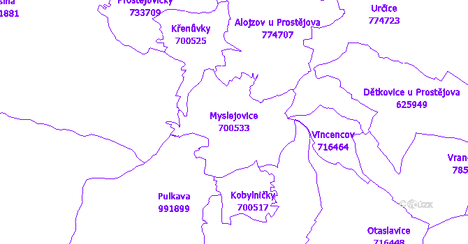 Katastrální mapa Myslejovice - přehledová mapa katastrálního území