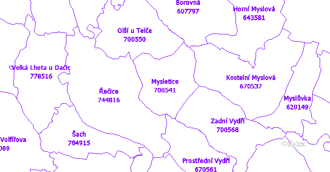 Katastrální mapa Mysletice - přehledová mapa katastrálního území