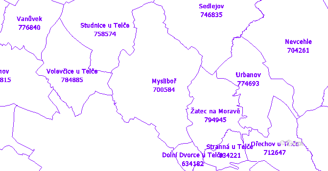 Katastrální mapa Mysliboř - přehledová mapa katastrálního území