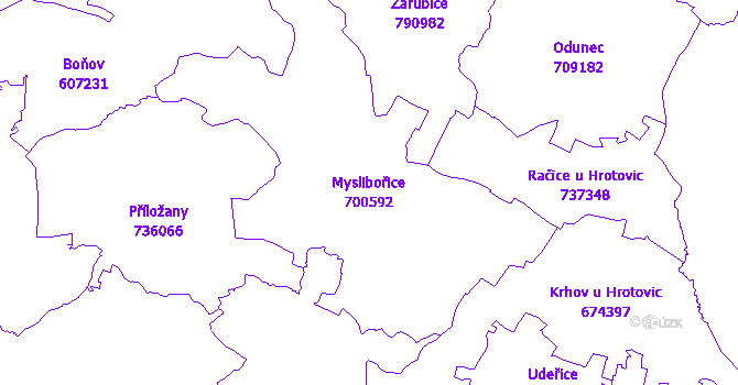 Katastrální mapa Myslibořice - přehledová mapa katastrálního území