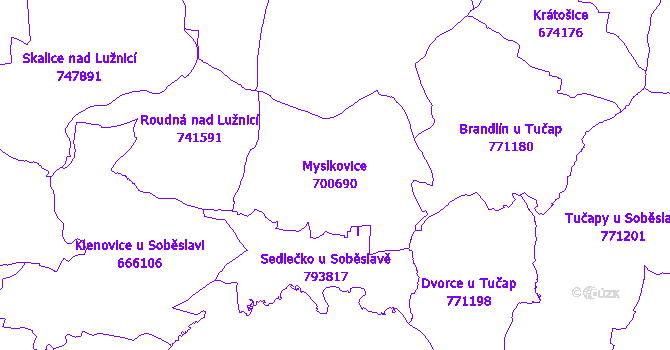 Katastrální mapa Myslkovice - přehledová mapa katastrálního území