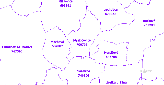 Katastrální mapa Mysločovice - přehledová mapa katastrálního území