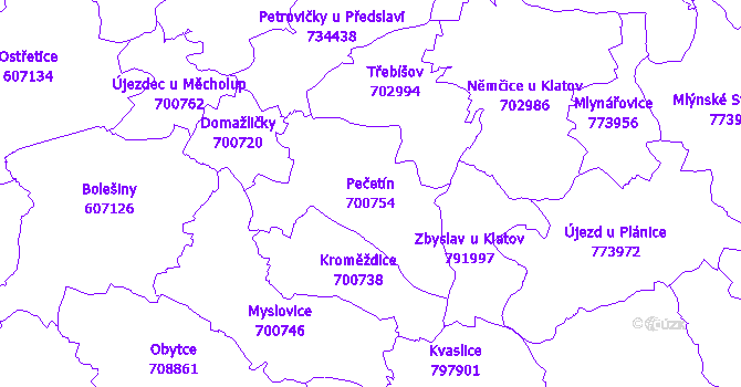 Katastrální mapa Pečetín - přehledová mapa katastrálního území