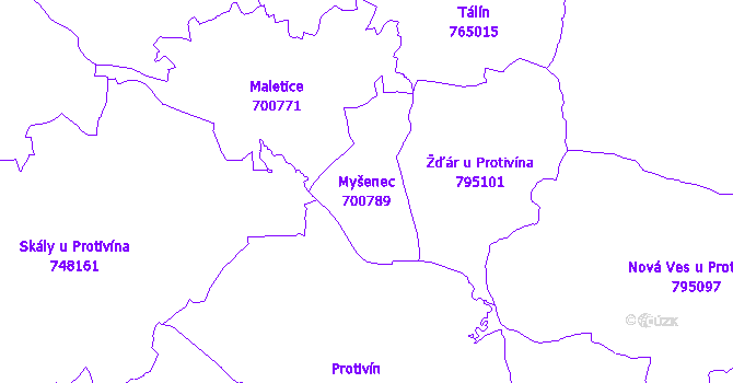 Katastrální mapa Myšenec - přehledová mapa katastrálního území