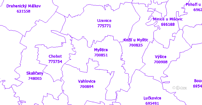 Katastrální mapa Myštice - přehledová mapa katastrálního území
