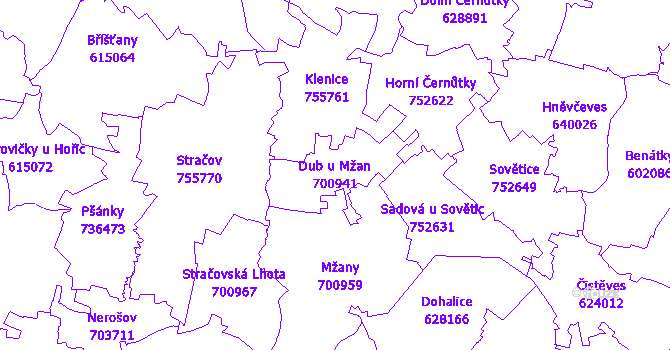 Katastrální mapa Dub u Mžan - přehledová mapa katastrálního území