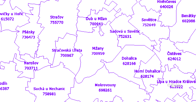 Katastrální mapa Mžany - přehledová mapa katastrálního území