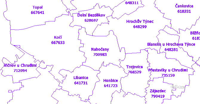 Katastrální mapa Nabočany - přehledová mapa katastrálního území