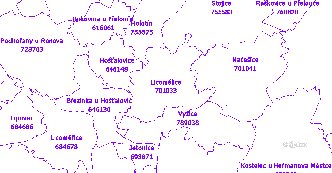 Katastrální mapa Licomělice - přehledová mapa katastrálního území