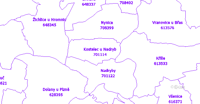 Katastrální mapa Kostelec u Nadryb - přehledová mapa katastrálního území