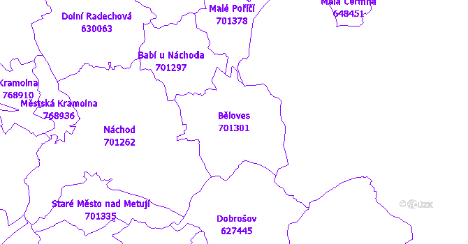 Katastrální mapa Běloves - přehledová mapa katastrálního území