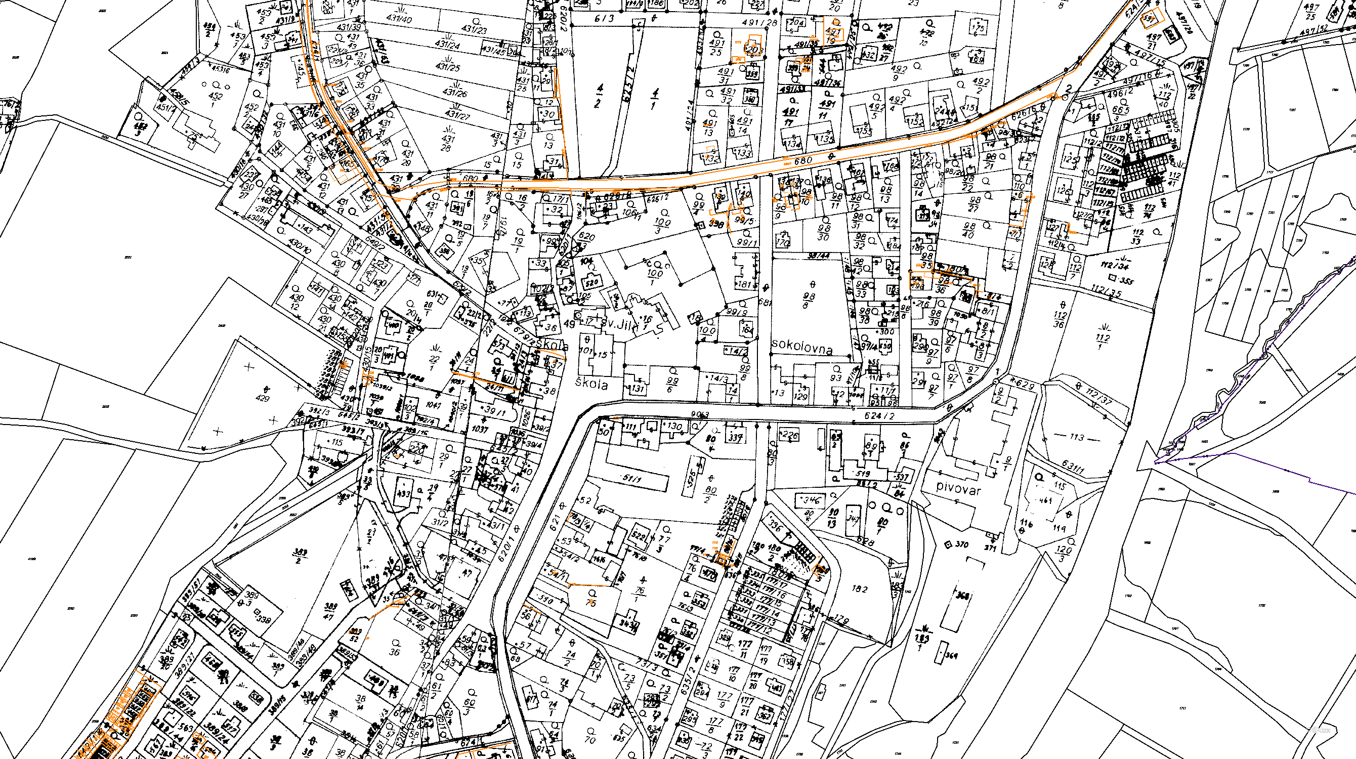 Katastrální mapa pozemků a čísla parcel Nasavrky