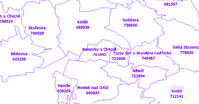 Katastrální mapa Nasavrky u Chocně - přehledová mapa katastrálního území