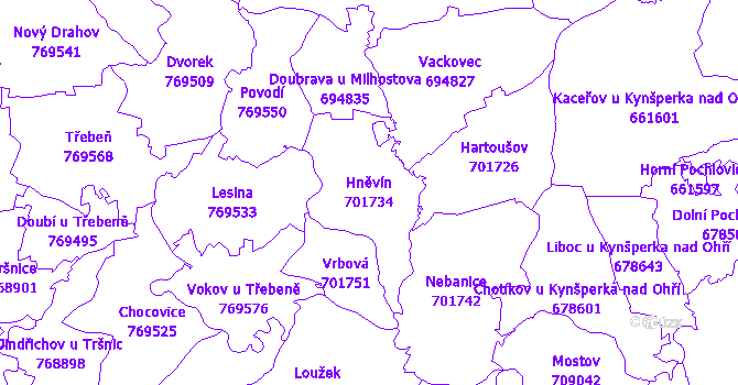 Katastrální mapa Hněvín - přehledová mapa katastrálního území