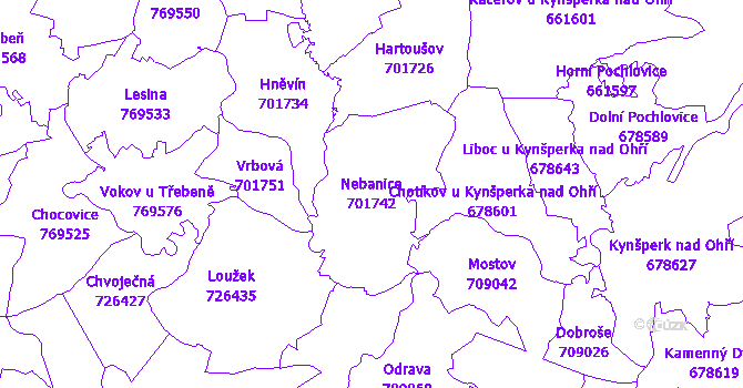 Katastrální mapa Nebanice - přehledová mapa katastrálního území