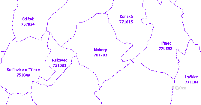 Katastrální mapa Nebory - přehledová mapa katastrálního území