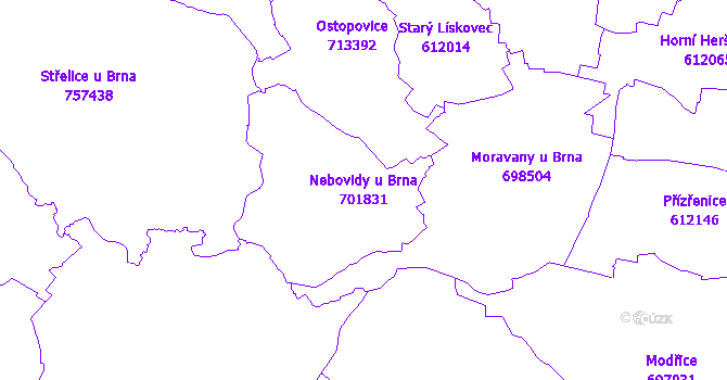 Katastrální mapa Nebovidy u Brna - přehledová mapa katastrálního území