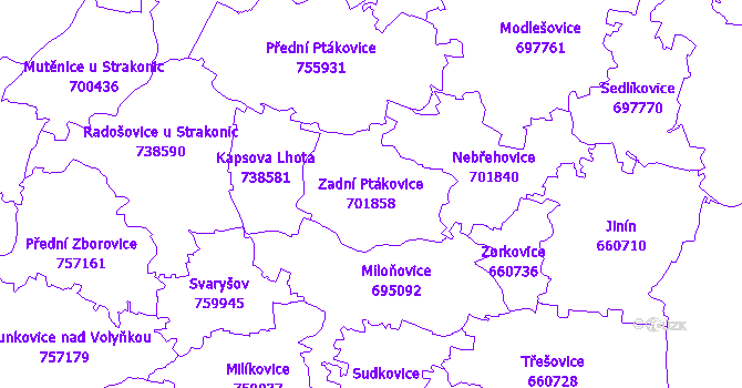 Katastrální mapa Zadní Ptákovice - přehledová mapa katastrálního území