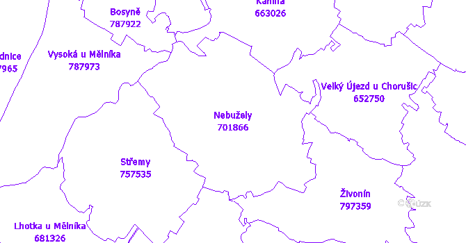 Katastrální mapa Nebužely - přehledová mapa katastrálního území