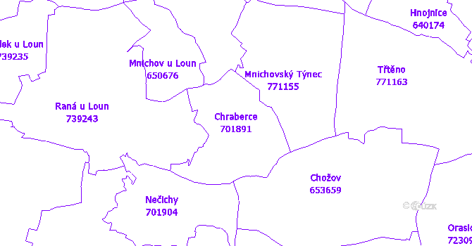Katastrální mapa Chraberce - přehledová mapa katastrálního území