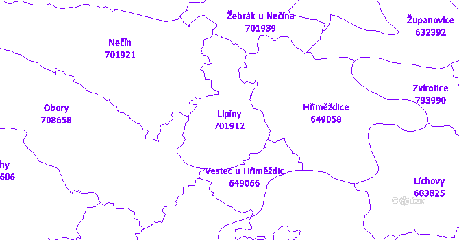 Katastrální mapa Lipiny - přehledová mapa katastrálního území