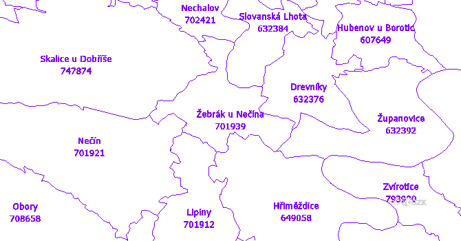Katastrální mapa Žebrák u Nečína - přehledová mapa katastrálního území
