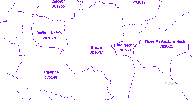 Katastrální mapa Březín - přehledová mapa katastrálního území