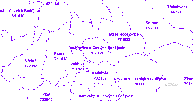 Katastrální mapa Doubravice u Českých Budějovic - přehledová mapa katastrálního území