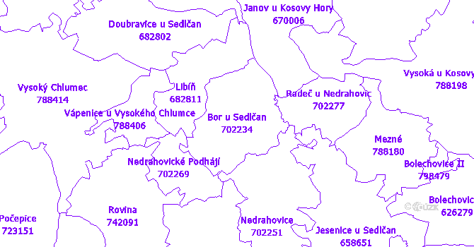Katastrální mapa Bor u Sedlčan - přehledová mapa katastrálního území