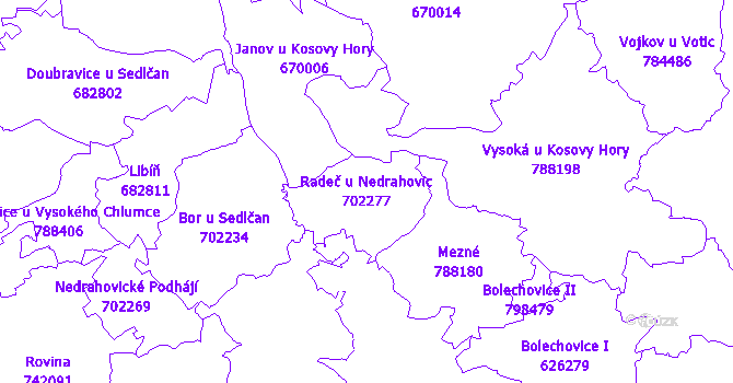 Katastrální mapa Radeč u Nedrahovic - přehledová mapa katastrálního území