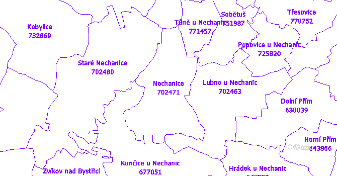 Katastrální mapa Nechanice - přehledová mapa katastrálního území