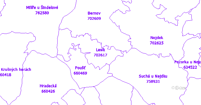 Katastrální mapa Lesík - přehledová mapa katastrálního území