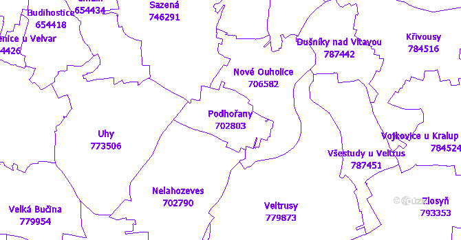 Katastrální mapa Podhořany - přehledová mapa katastrálního území