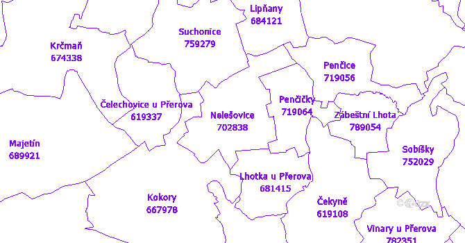 Katastrální mapa Nelešovice - přehledová mapa katastrálního území