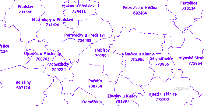 Katastrální mapa Třebíšov - přehledová mapa katastrálního území