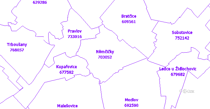 Katastrální mapa Němčičky - přehledová mapa katastrálního území