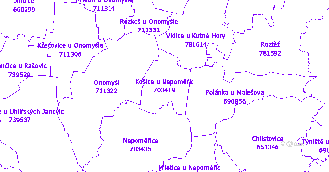 Katastrální mapa Košice u Nepoměřic - přehledová mapa katastrálního území