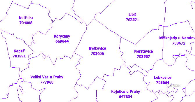 Katastrální mapa Byškovice - přehledová mapa katastrálního území